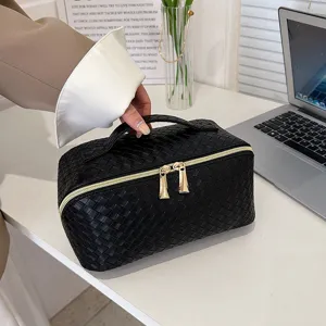 Grote Capaciteit Cosmetische Tas PU Leder Geweven Patroon Make-up Pouch Draagbare Toiletorganizer Met Dubbele Rits