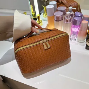 Stijlvolle geweven cosmetische tas met grote capaciteit, draagbare make-up organizer.