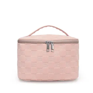 Pink checkered cosmetic bag large capacity portable makeup storage pouch travel wash