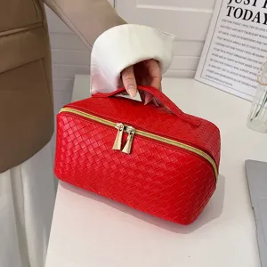Rode geweven cosmetische tas grote capaciteit make-up organizer handige toilettas
