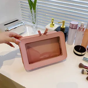 Rosa Kosmetiktasche mit Sichtfenster, große Make-up Aufbewahrungstasche für Reise und Alltag.