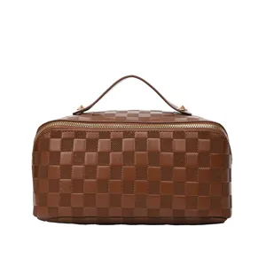 Brown checkered cosmetic bag, large capacity travel toiletry organizer with top handle.