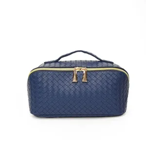 Trousse de Maquillage Grande Capacité en Cuir PU Tissé Organisateur de Maquillage de Voyage Portable Sac de Rangement de Toilette pour Femmes