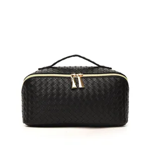 Zwarte geweven cosmetische tas met grote capaciteit make-up organizer reistoilettas
