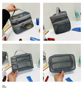 Portable double-layer mesh travel cosmetic bag, large capacity transparent makeup storage pouch.