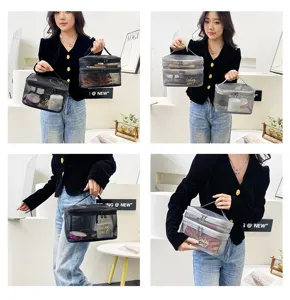 Portable mesh travel cosmetic bag large capacity transparent double layer makeup pouch