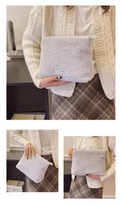 Grey plush cosmetic bag soft fluffy makeup pouch portable zipper storage bag for women