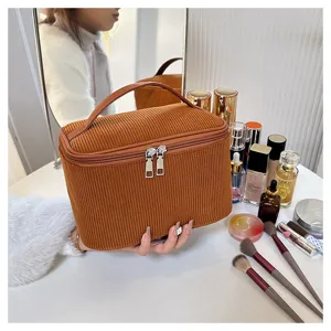 Corduroy cosmetic bag for women, large capacity portable travel makeup storage organizer brown.
