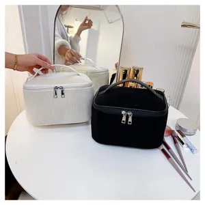 Corduroy cosmetic bag with zipper, large capacity portable makeup storage pouch for daily use.