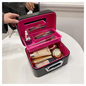 Large capacity PU leather makeup train case with mirror and multi-layer storage trays for daily use