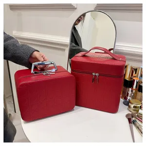 Red PU leather cosmetic bag set large capacity vanity case makeup organizer for travel and home.