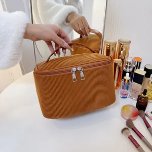 Corduroy Cosmetic Bag Large Capacity Portable Makeup Organizer Minimalist Solid Color Toiletry Storage Pouch For Women Daily Travel