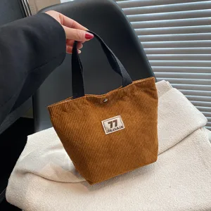Retro Corduroy Handtas Grote Capaciteit Draagbare Lunchtas Casual Effen Kleur Make-up Tas Voor Vrouwen
