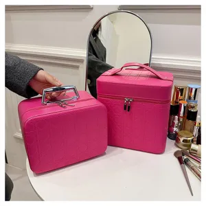 Pink PU leather cosmetic bag large capacity makeup storage box elegant vanity case with handle