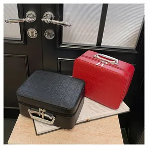 Large capacity cosmetic train case with chic diamond quilted pattern, premium leather makeup box.
