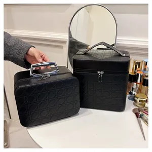 Black PU leather cosmetic case large capacity makeup organizer storage box with metal handle