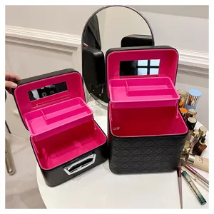 Black pu leather cosmetic case large capacity makeup organizer with mirror and trays