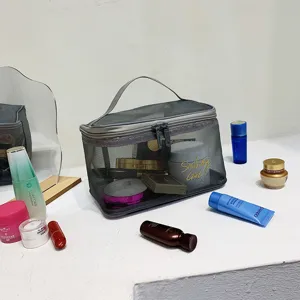 Portable mesh travel cosmetic bag, large capacity transparent double layer makeup pouch.