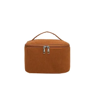 Corduroy cosmetic bag large capacity portable travel makeup organizer solid color brown