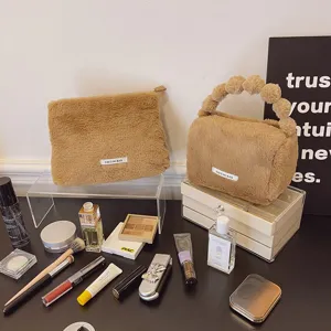 Plush cosmetic bag autumn winter handheld portable large capacity makeup storage bag gift bag
