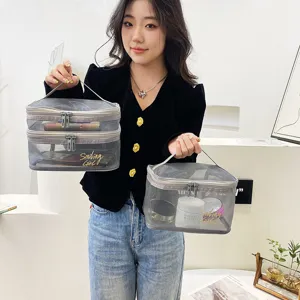 Portable mesh travel cosmetic bag transparent zipper double layer makeup organizer pouch