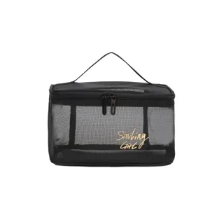Portable black mesh travel cosmetic bag large capacity makeup storage toiletry bag with zipper