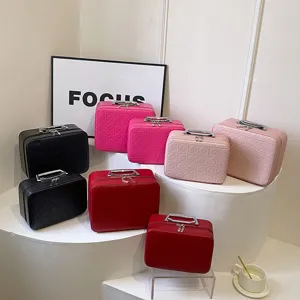 Large capacity cosmetic bag with quilted pattern, portable makeup storage box for travel.