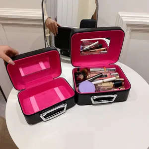 Black portable cosmetic case with pink interior mirror large capacity travel makeup box