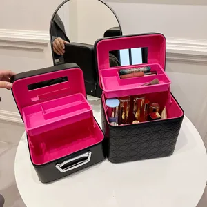 Large capacity black PU leather cosmetic storage case with mirror and multi-tier trays.
