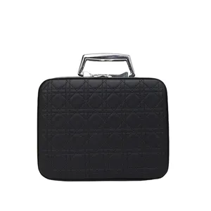 Black quilted makeup bag with silver handle, large capacity travel cosmetic storage case box.
