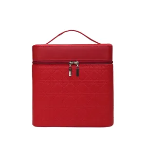 Red PU leather large capacity cosmetic bag with handle and double zipper for travel daily use