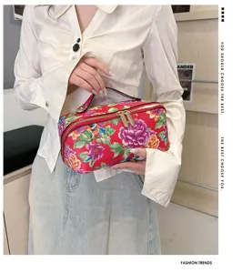 Chinese style floral PU leather cosmetic bag detail, large capacity travel storage pouch.