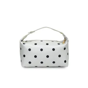 White and black polka dot PU leather makeup bag, portable toiletry pouch organizer.