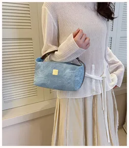 Retro denim handbag cosmetic pouch with brown handle casual daily travel storage bag