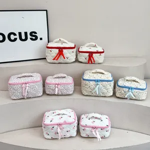 Quilted floral cosmetic bag cotton makeup pouch travel toiletry storage bag organizer