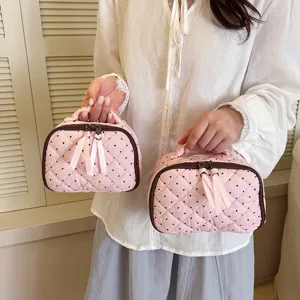 Cute Polka Dot Quilted Cosmetic Bag Cotton Fabric Travel Toiletry Pouch Portable Makeup Organizer Bag With Zipper And Bow Ribbon For Women