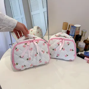 Portable Quilted Floral Cosmetic Bag Waterproof Makeup Storage Pouch Travel Toiletry Organizer Handbag for Women