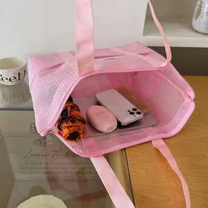 Pink mesh tote bag large capacity beach bag travel cosmetic shoulder bag for women