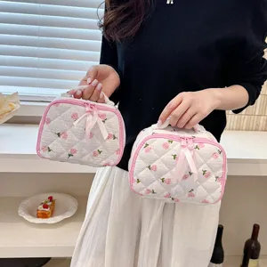 Quilted floral cosmetic bag, portable makeup organizer pouch, cute toiletry storage bag.