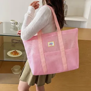 Pink mesh tote bag large capacity casual shoulder bag portable travel beach bag for women