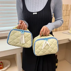 Quilted polka dot cosmetic bag cute cotton toiletry pouch with handle for women daily travel storage