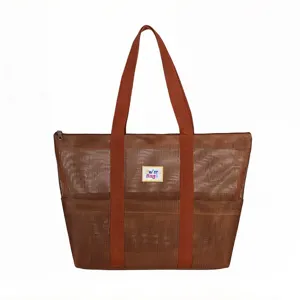 Large brown mesh tote bag for travel and beach, portable shoulder bag with zipper closure.