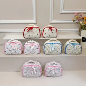 Floral Quilted Makeup Bag Cute Diamond Toiletry Organizer Portable Vanity Travel Pouch