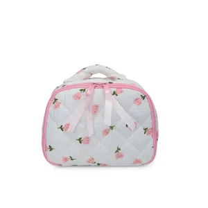 Quilted floral cosmetic bag, portable diamond pattern makeup storage organizer and wash bag.