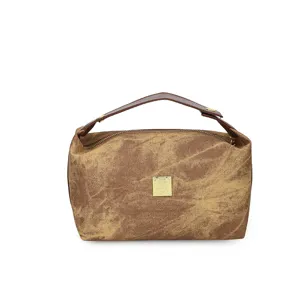 Vintage denim cosmetic bag with brown PU handle, large capacity portable toiletry organizer.