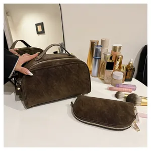 Vintage brown cosmetic bag set with large capacity and portable handle for daily travel