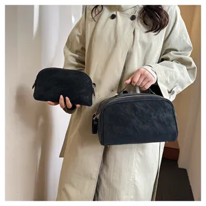 Black retro cosmetic bag set with large capacity mother-child design and top handle detail.