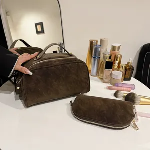 Retro PU Leather Cosmetic Bag Large Capacity Waterproof Makeup Organizer Bag Handheld Toiletry Storage Bag For Women