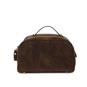 Retro brown suede cosmetic bag with top handle and gold zipper for daily storage main view