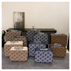 Vintage monogram cosmetic case portable vanity box with top handle for travel and daily makeup storage.